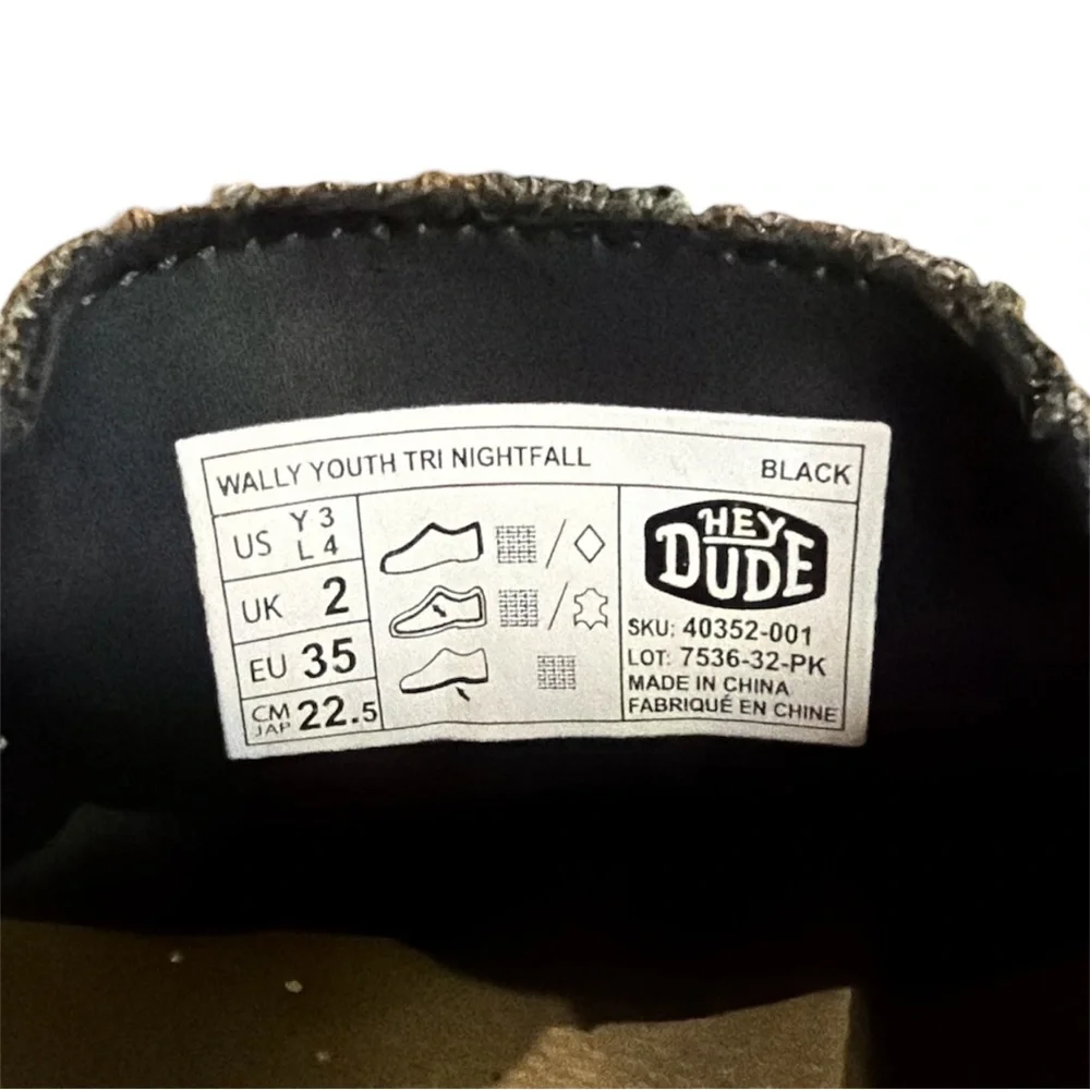 HEYDUDE Black Wally Youth Tri Nightfall Casual Slip-On Shoes – Size Y3